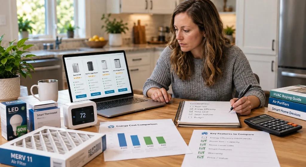 Homeowner comparing home equipment features, efficiency, and costs before making a purchase.