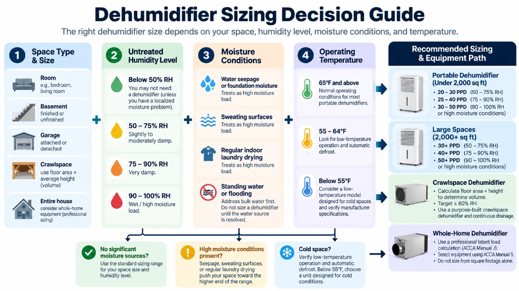 Dehumidifier sizing decision guide showing how space size, humidity, moisture conditions, and temperature affect recommended capacity and equipment type