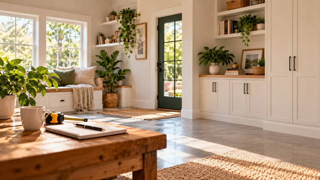 Bright home workspace with natural sunlight, tools, and custom built-in cabinetry