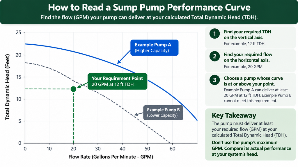 Sump pump performance curve showing a 20 GPM requirement at 12 feet of Total Dynamic Head