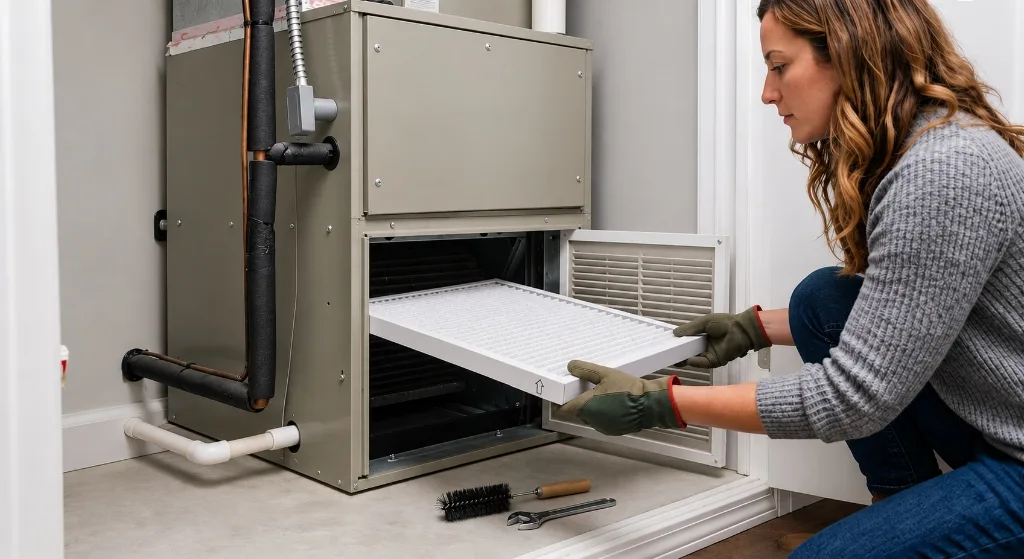 Homeowner replacing an HVAC air filter during routine home maintenance.
