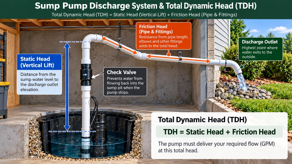 Diagram showing sump pump static head, pipe friction, check valve and Total Dynamic Head