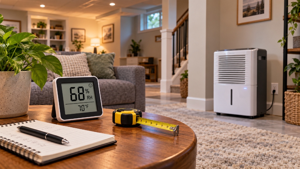Dehumidifier operating in a finished home space for humidity control