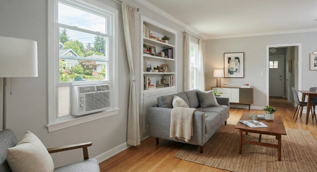 Window air conditioner installed in a bright home room
